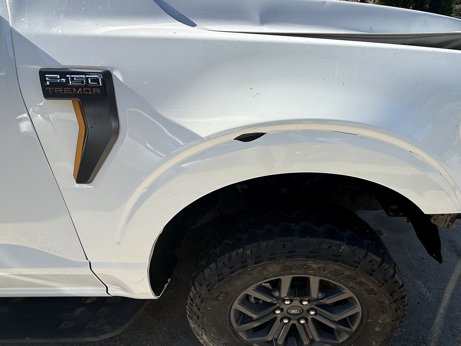 Steel replacement — brand not recorded Front left and right steel fenders — Passenger side, wrapped, with the Tremor vent emblem.